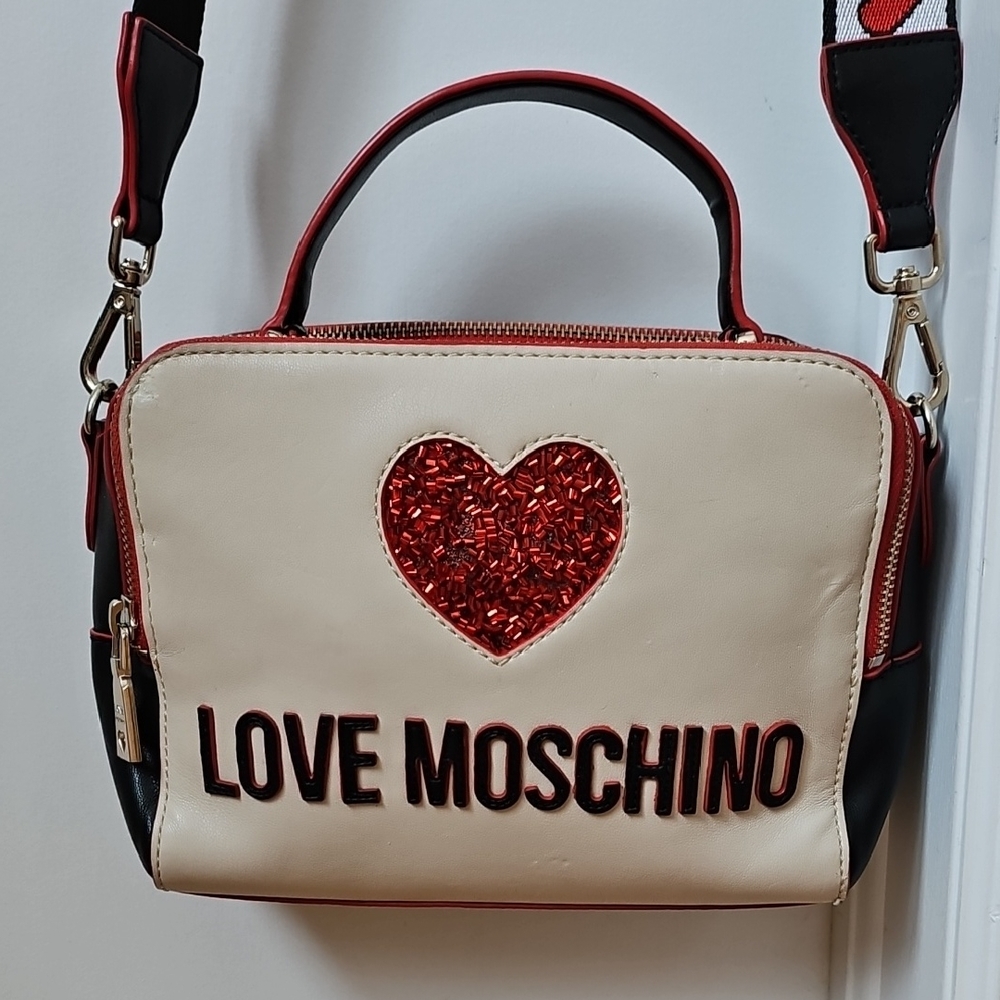 Love Moschino Cream and Red Crossbody Bag with Heart
